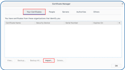Certificate manager Firefox with import highlighted