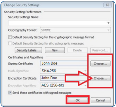 Change Security Settings WIth example in signing certificate and encryption certificate boxes. click choose and ok