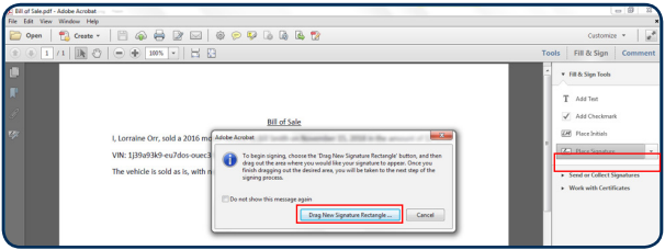 Drag New Signature Rectangle button highlighted in Adobe