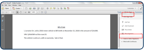 Adobe with Fill and Sign and Place Signature Highlighted