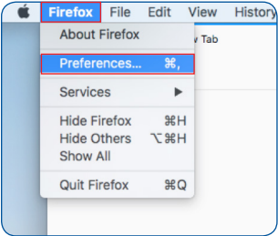 Firefox menu on mac Preferences selected