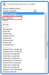 Outlook All Commands Option Highlighted
