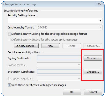 Outlook Change Security Settings Window Signing and Encryption Certificate choose buttons highlighted
