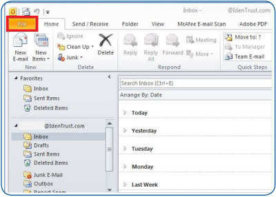 Outlook Inbox File Tab selected