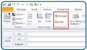 Permissions ribbon highlighted, showing encrypt and sign