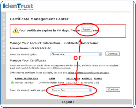 Certificate Management Center renew button circled as well as the select the desired certificate option dropdown