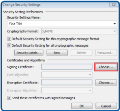 Outlook Change Security Settings: select choose for signing certificate option