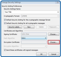 Outlook Change Security Settings: Click Choose for Encryption Certificate