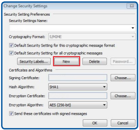 Outlook Security Settings: Press new