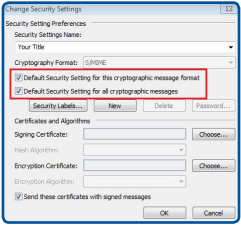 Outlook Change Security Settings: Click default checkboxes if desired
