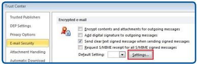 Trust Center Email Security: Click Settings button