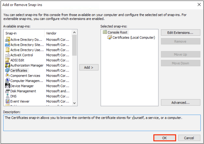 Add Or Remove Snap Ins Window - Click OK