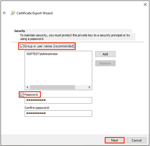 Certificate Export Wizard select group or username and set password