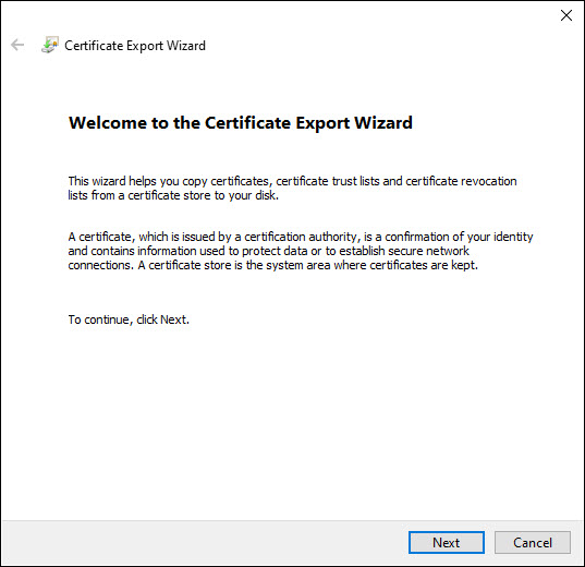 Certificate Export Wizard Start Screen