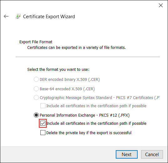 Select Include all Certs within certificate export Wizard