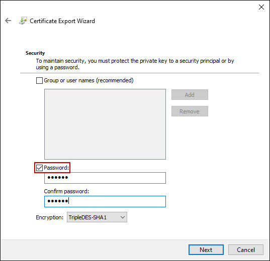 Certificate Wizard: Set password for certificate