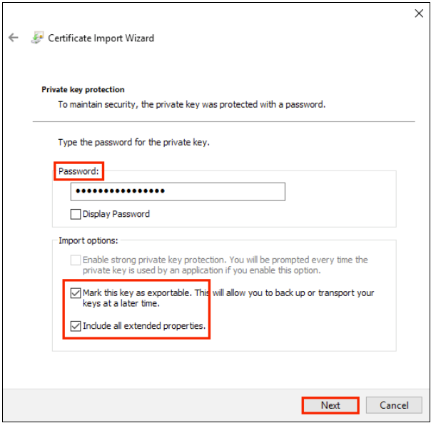 Certificate Import wizard. Password and bottom two import options are highlighted