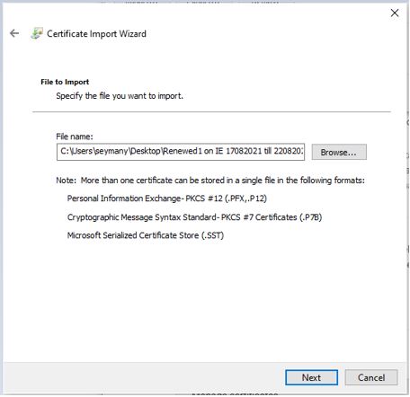 Certificate Import Wizard with File Name field