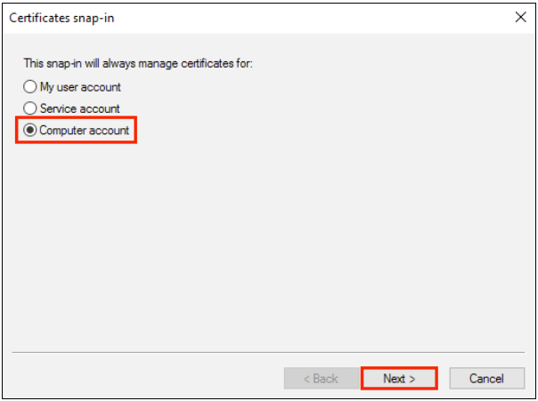 Certificates Snap In Menu, Selecting Computer Account