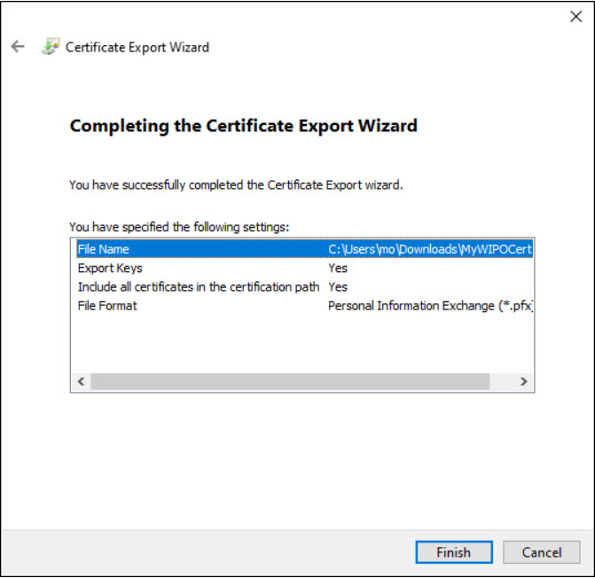 Completing Certificate Export Wizard