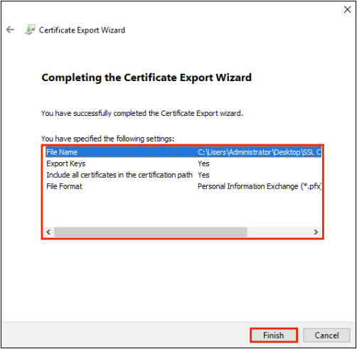 Verify Results and the click finish: Certificate Export Wizard page