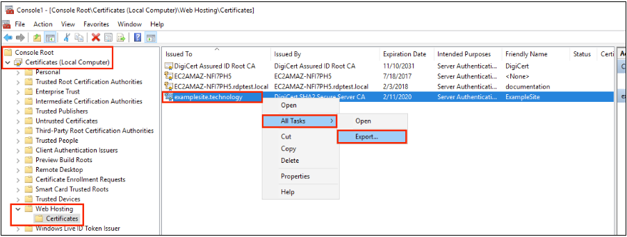 select certificate, select All Tasks, and then Export