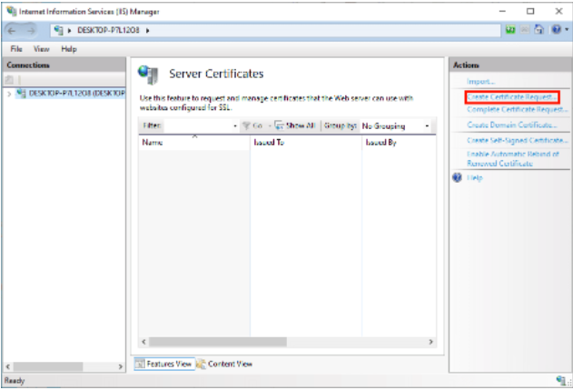 IIS 10 Manager - Create Certificate Request selected