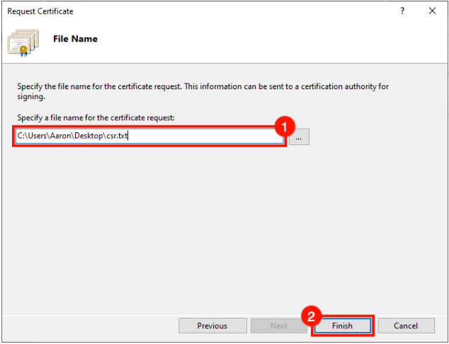 File Name window to save certificate