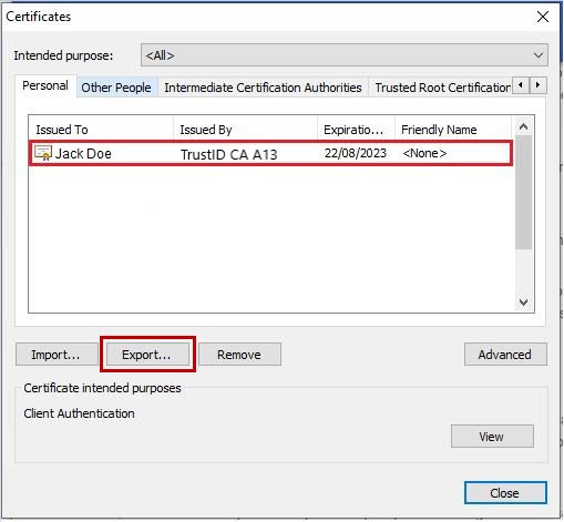 Starting a certificate Export