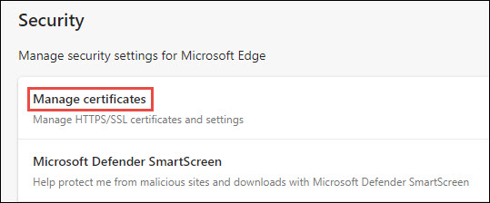 Manage Certificates Window in Edge
