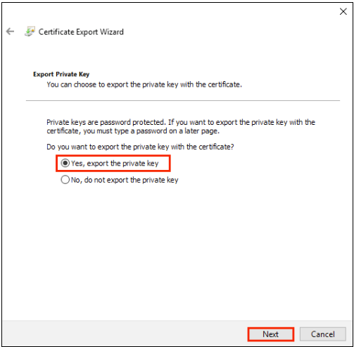 Yes, export private key option highlighted and Next button highlighted