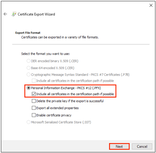 Select Personal Information Exchange and check "Include all certificates in certification path if possible"