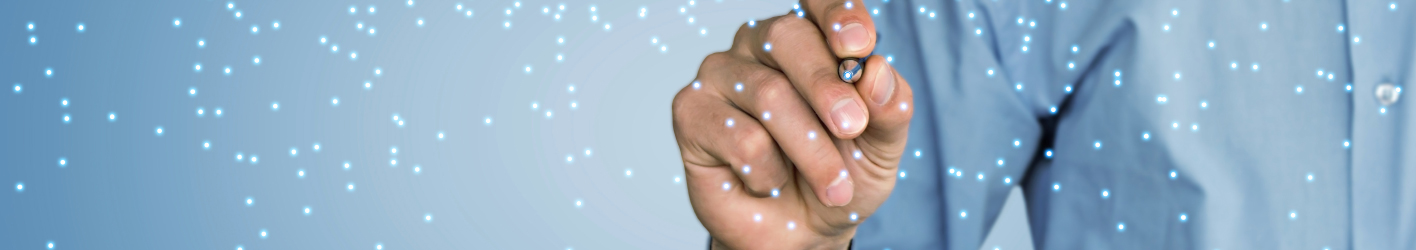 Person with pen putting a dot on a foreground of many other dots. The dots are light blue.