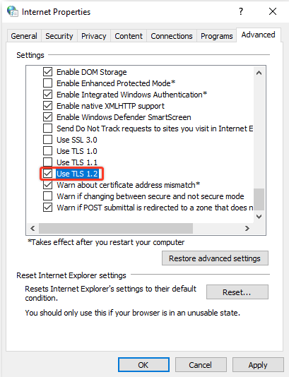 Internet Properties Window, Select Advanced and then desired TLS version