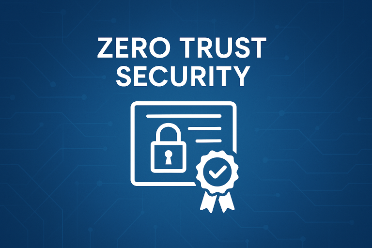 Blue digital background with circuit-like patterns featuring the text ‘Zero Trust Security’ above a white icon of a certificate with a padlock and a ribbon badge containing a checkmark.