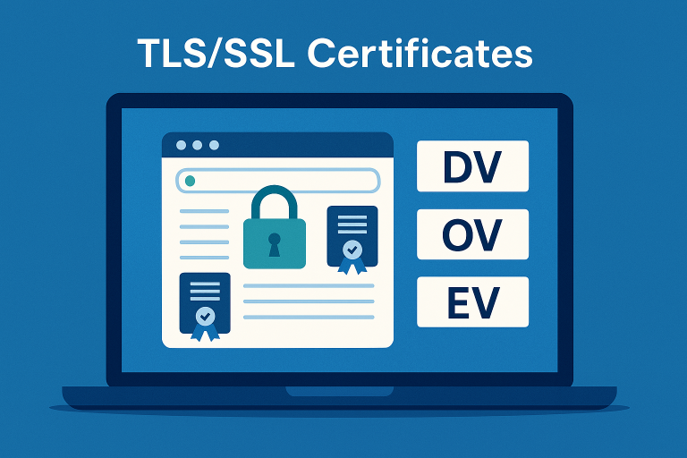 An illustration of a laptop displaying a webpage with a large padlock icon and digital certificate icons, alongside labels for DV, OV, and EV TLS/SSL certificates. The title ‘TLS/SSL Certificates’ appears at the top against a blue background.