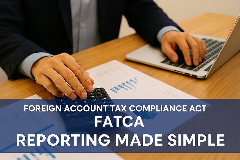 A close-up view of a person’s hands working at a desk with financial documents, a calculator, and a laptop. A blue text banner across the lower portion of the image reads: “Foreign Account Tax Compliance Act FATCA Reporting Made Simple.”