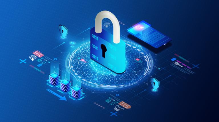 Isometric illustration of a large padlock at the center of a digital network, surrounded by servers, a mobile device and glowing security icons representing TLS certificate management.