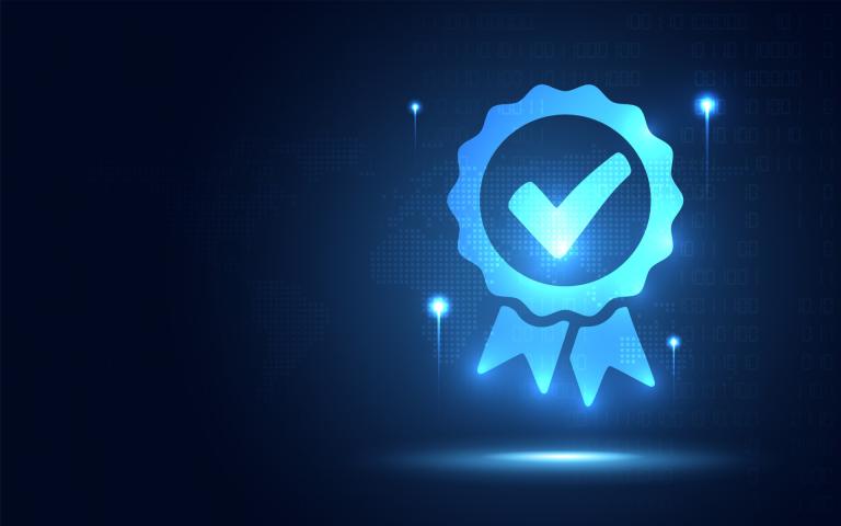 Illuminated blue checkmark badge signifying a digital certificate.