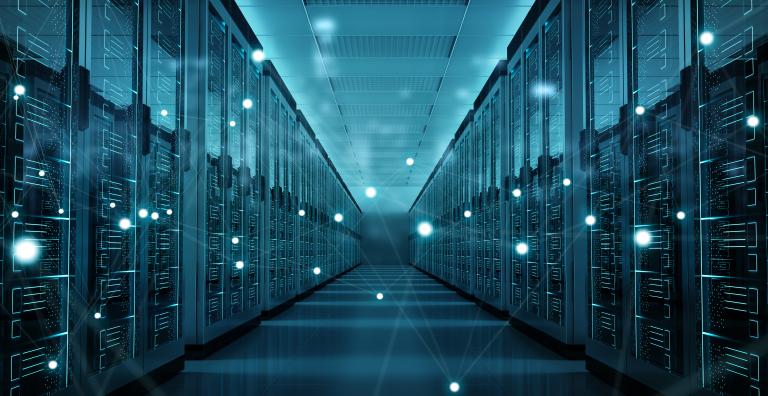 Data center hallway with blue filter