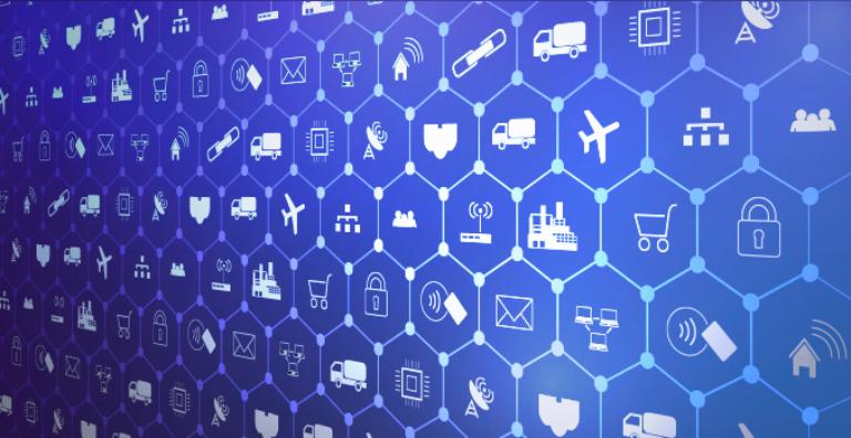 Wall of hexagons containing iconms such as locks, planes, shopping carts, mail, tap-to-pay and more
