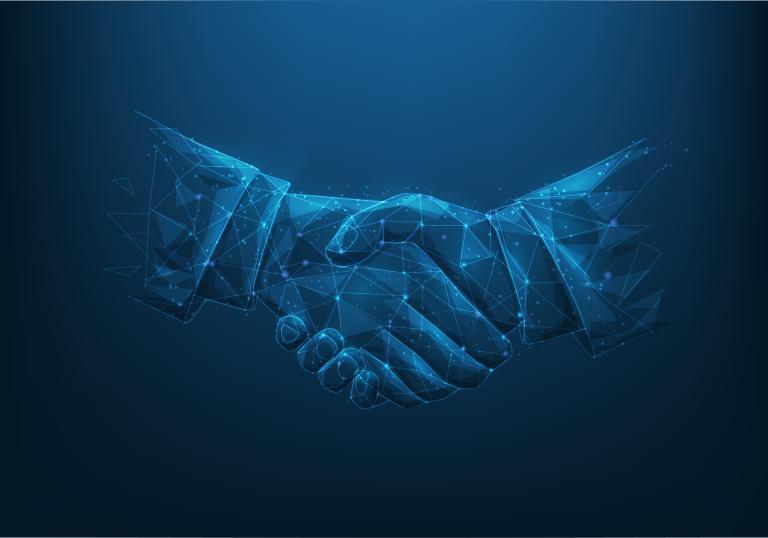 Digital wireframe illustration of two hands shaking, symbolizing mutual trust and secure authentication between two parties.