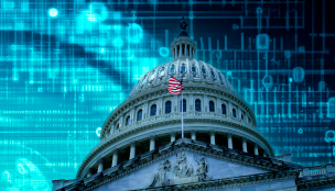 Picture of government building with digital symbols in the background