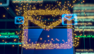 Digital envelope icons. The front yellow one is made out of orange dots.