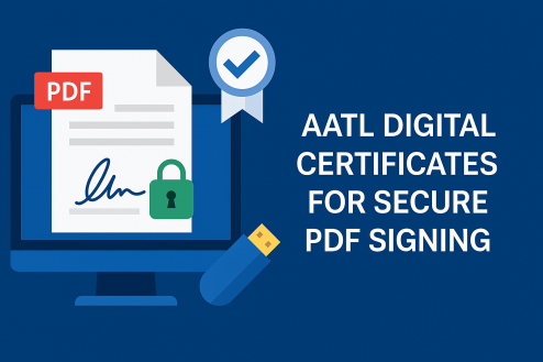 Illustration of a computer monitor displaying a signed PDF document with a green padlock icon, a USB security token, and a blue check‑mark badge, with the text “AATL Digital Certificates for Secure PDF Signing” on a dark blue background.