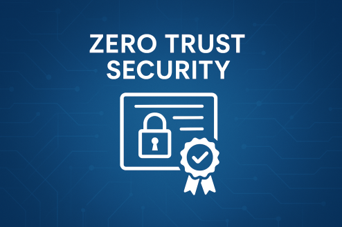 Blue digital background with circuit-like patterns featuring the text ‘Zero Trust Security’ above a white icon of a certificate with a padlock and a ribbon badge containing a checkmark.