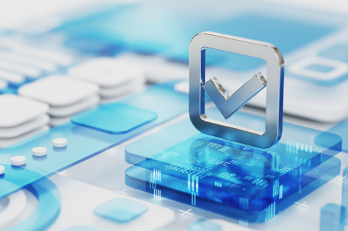 Abstract digital security illustration with a checkmark symbol over layered data blocks, representing verified identity, trust, and compliance in TLS certificates
