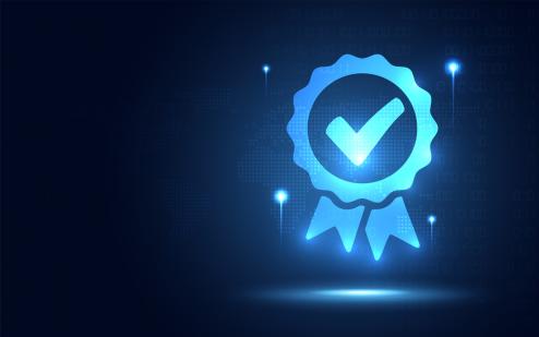 Illuminated blue checkmark badge signifying a digital certificate.