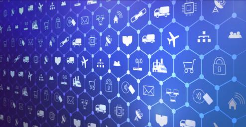 Wall of hexagons containing iconms such as locks, planes, shopping carts, mail, tap-to-pay and more