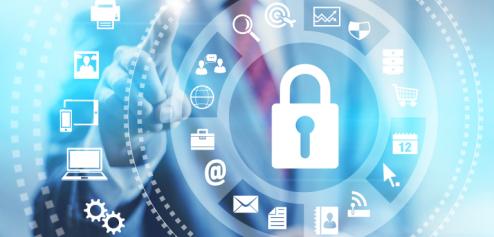 Man in a suit interacting a digital security interface